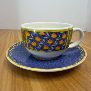 Vista‎ Alegre Portugal Horta Tea Cup and Saucer Set Blue Yellow Tulip Cherry